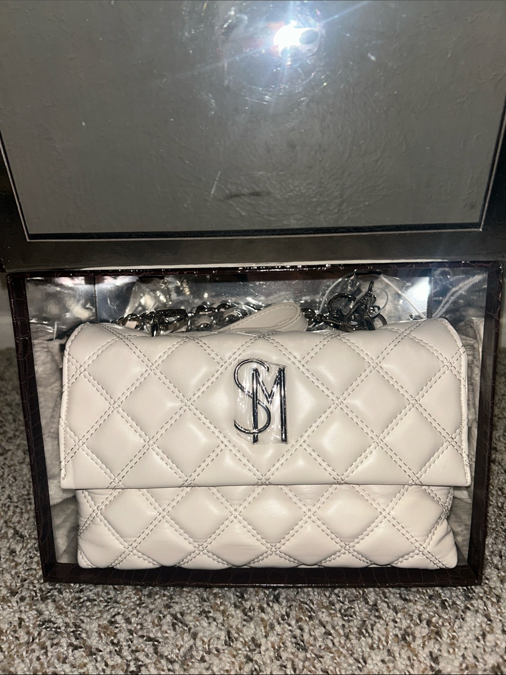 Steve Madden Quilted Cream Shoulder Bag with Silver Chain